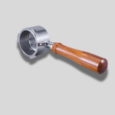 Coffee grinder with wooden handle on a light gray background
